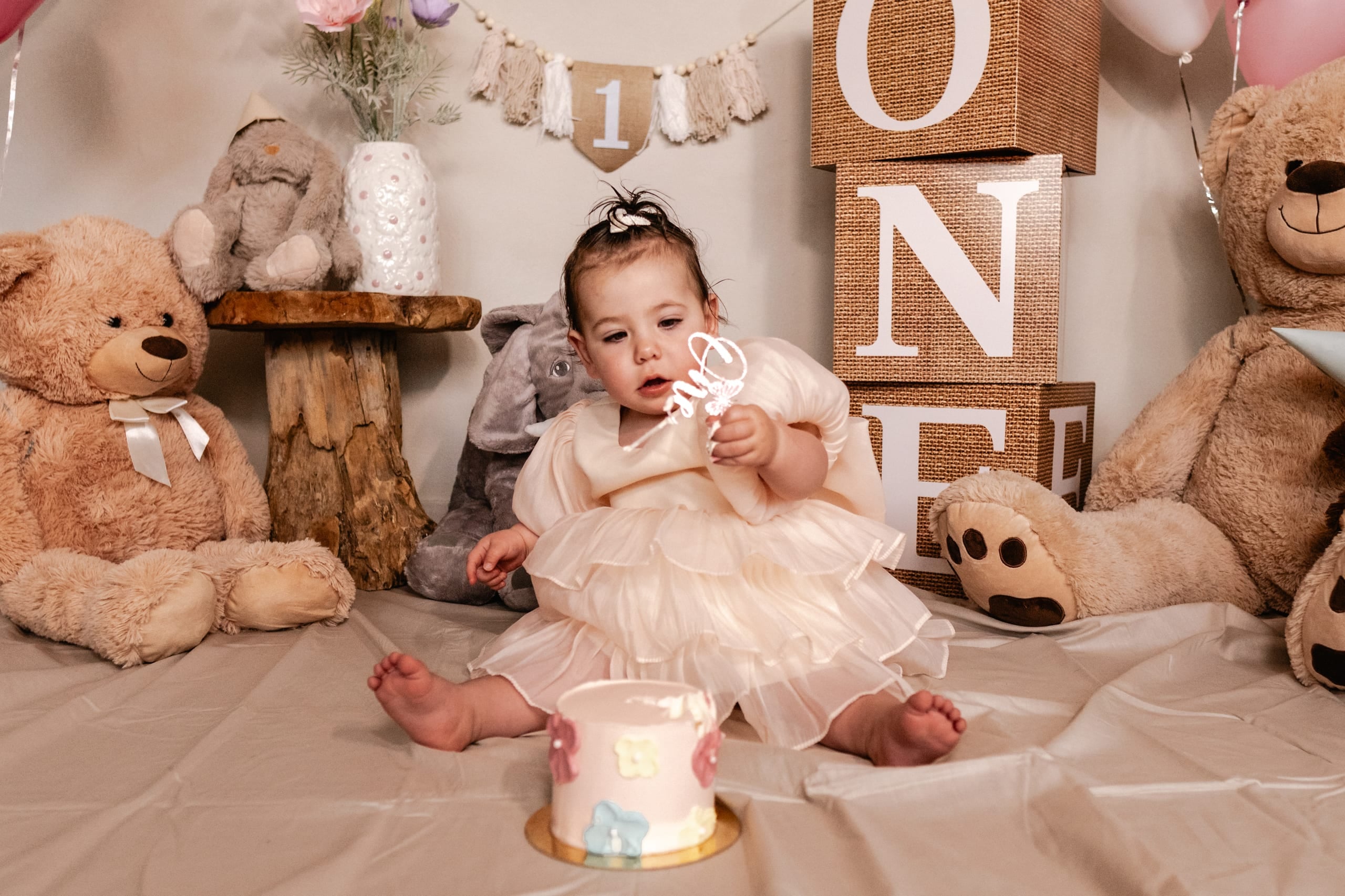 Cakesmash-decor met knuffelberen, ONE-blokken en een taartje op de grond