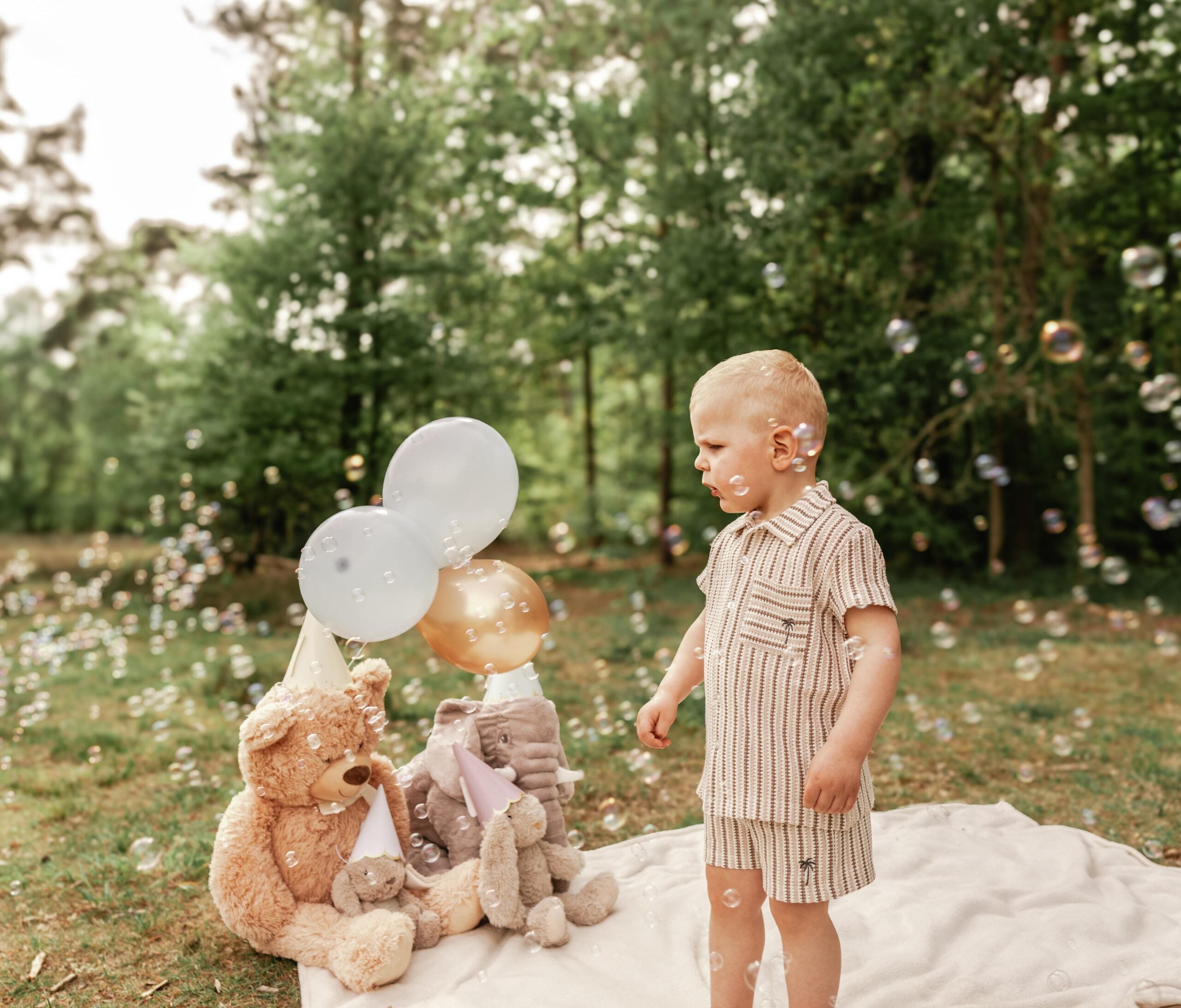 Jongetje tussen ballonnen en knuffels op een picknickkleed met zeepbellen